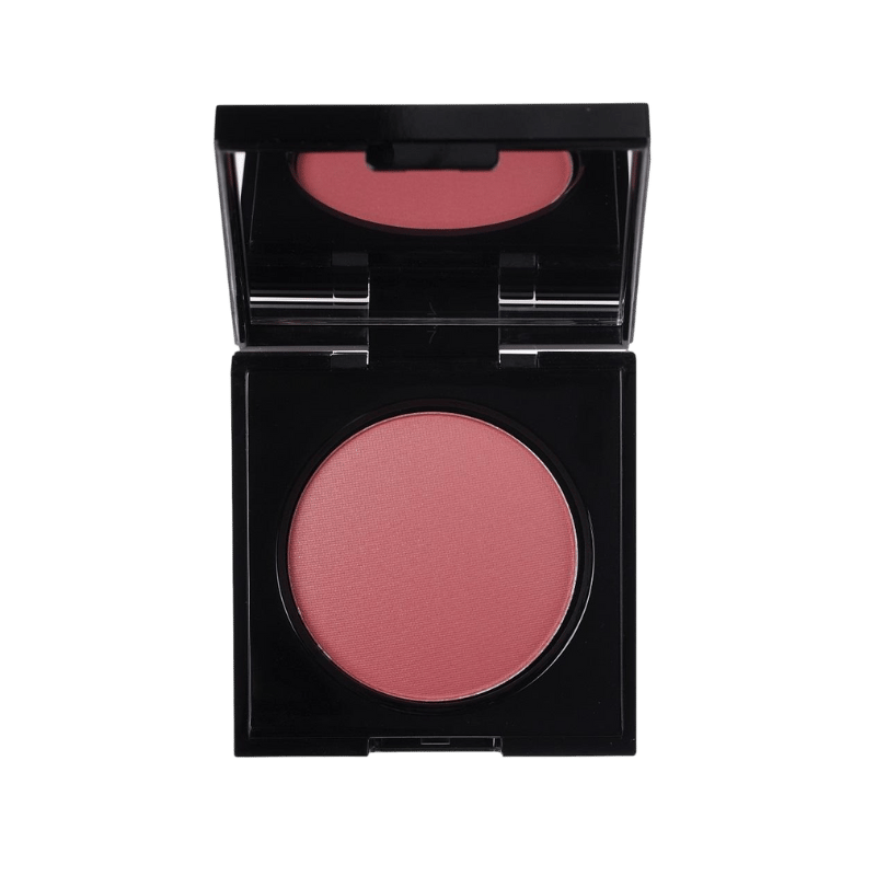 KORRES Wild Rose Rouge in der Farbe Dusty Rose, geöffnetes schwarzes Kompaktgehäuse mit Spiegel.