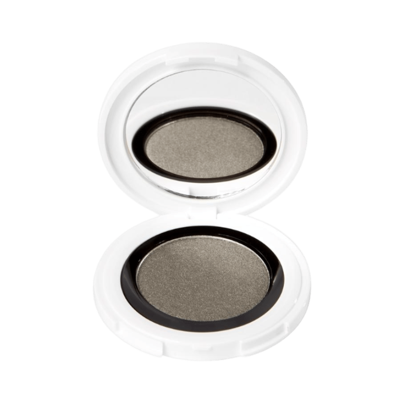 Lidschatten in einer weißen runden Dose, geöffnet, Farbe Patina von UND GRETEL.