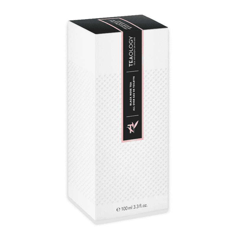 Teeverpackung von Teaology Black Rose Tea Eau de Toilette, 100 ml, weiß mit schwarzem und rotem Design.