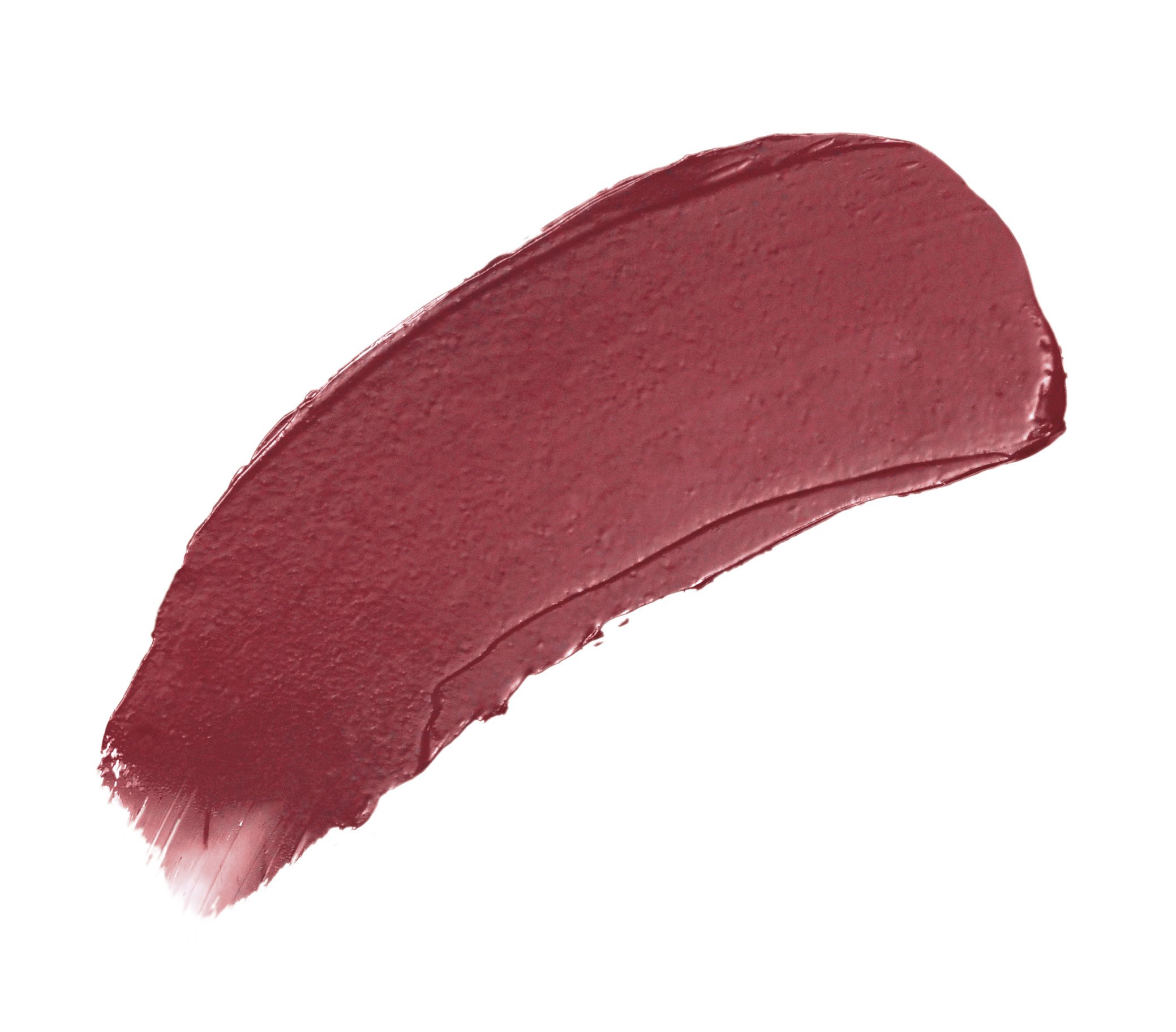 Nahaufnahme eines dunkelroten Lippenstift-Farbmusters auf weißem Hintergrund.