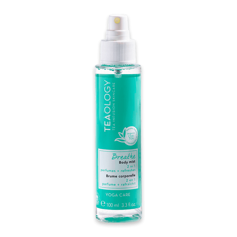 Teaology Breathe Body Mist 2-in-1, 100 ml, erfrischendes Körperparfüm in grünem Sprayflakon.