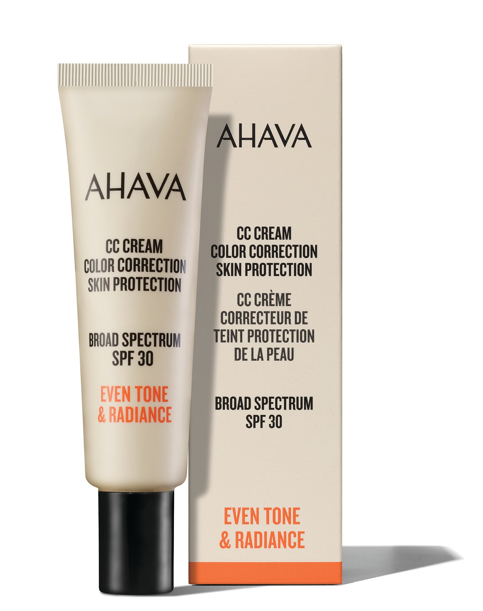 AHAVA CC Cream mit SPF 30, Verpackung und Tube, für gleichmäßigen Hautton und Strahlkraft.