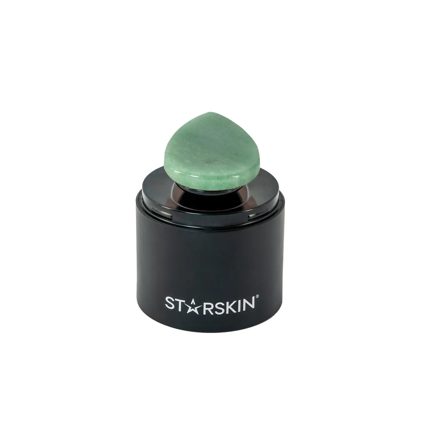 Ein grüner Jade-Gesichtsmassageroller auf einem schwarzen Sockel mit der Aufschrift 'Starskin'.