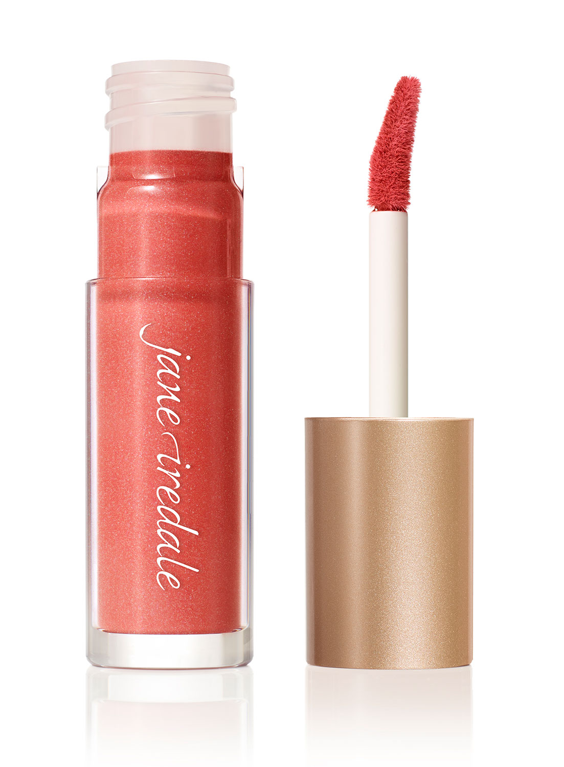 Ein geöffneter Lippenstift in rosa Farbe mit Applikator und goldener Kappe.