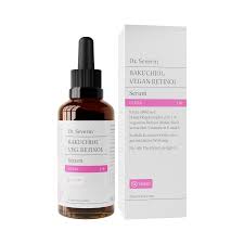 Dr. Severin Bakuchiol Vegan Retinol Serum in brauner Flasche mit Pipette und weißer Verpackung mit pinken Akzenten.