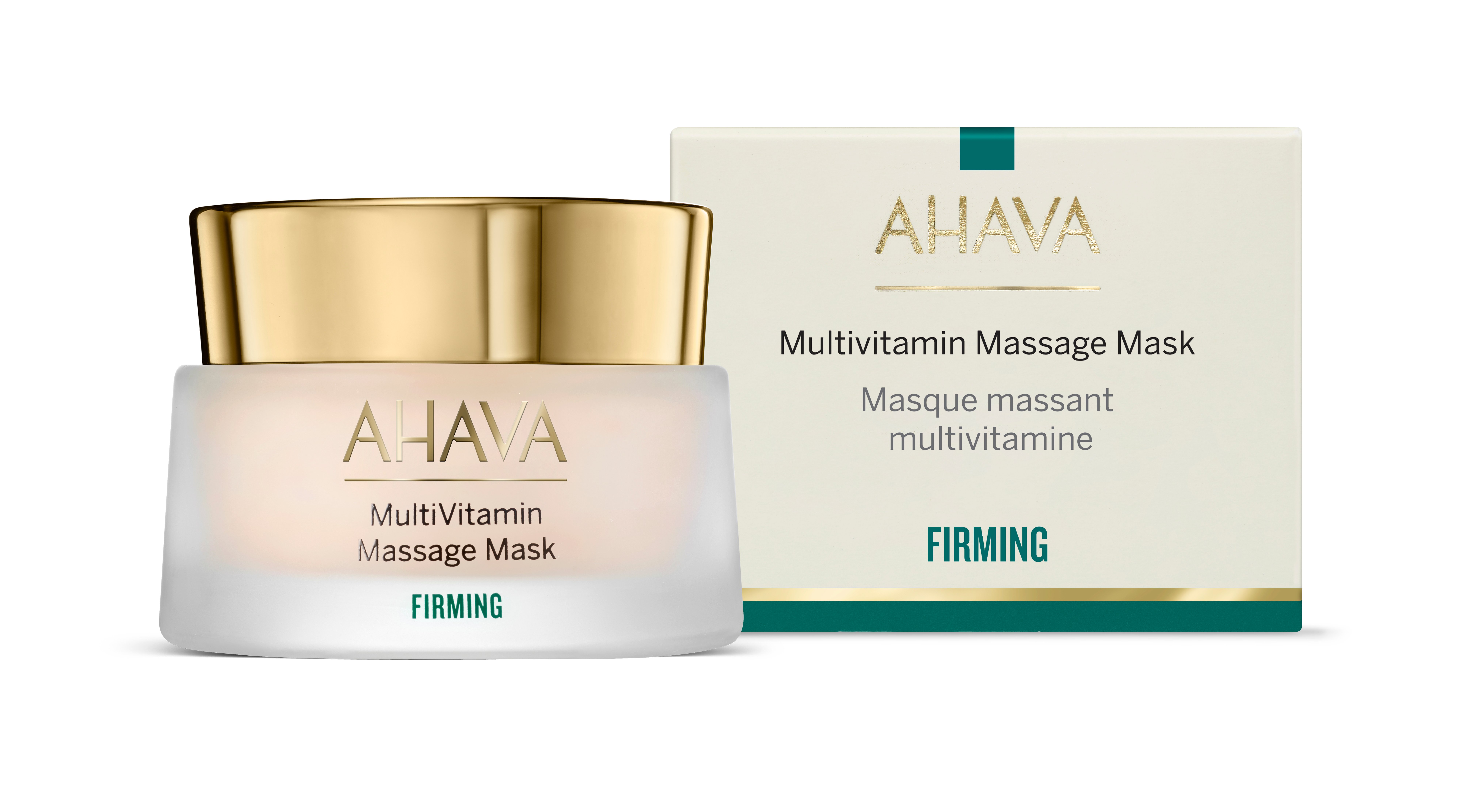 AHAVA Multivitamin Massage Mask in einem Glasbehälter mit goldfarbenem Deckel, neben der Produktverpackung.