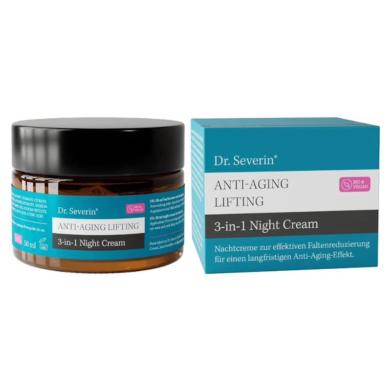 Dr. Severin Anti-Aging Lifting 3-in-1 Nachtcreme, 50 ml, Bio & Vegan, Verpackung und Tiegel, effektive Faltenreduzierung.