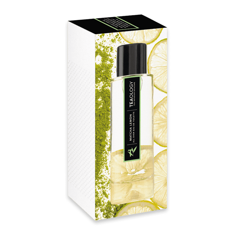 Teology Matcha Lemon EDT in Verpackung mit Zitronenscheiben und Matcha-Pulver im Hintergrund.