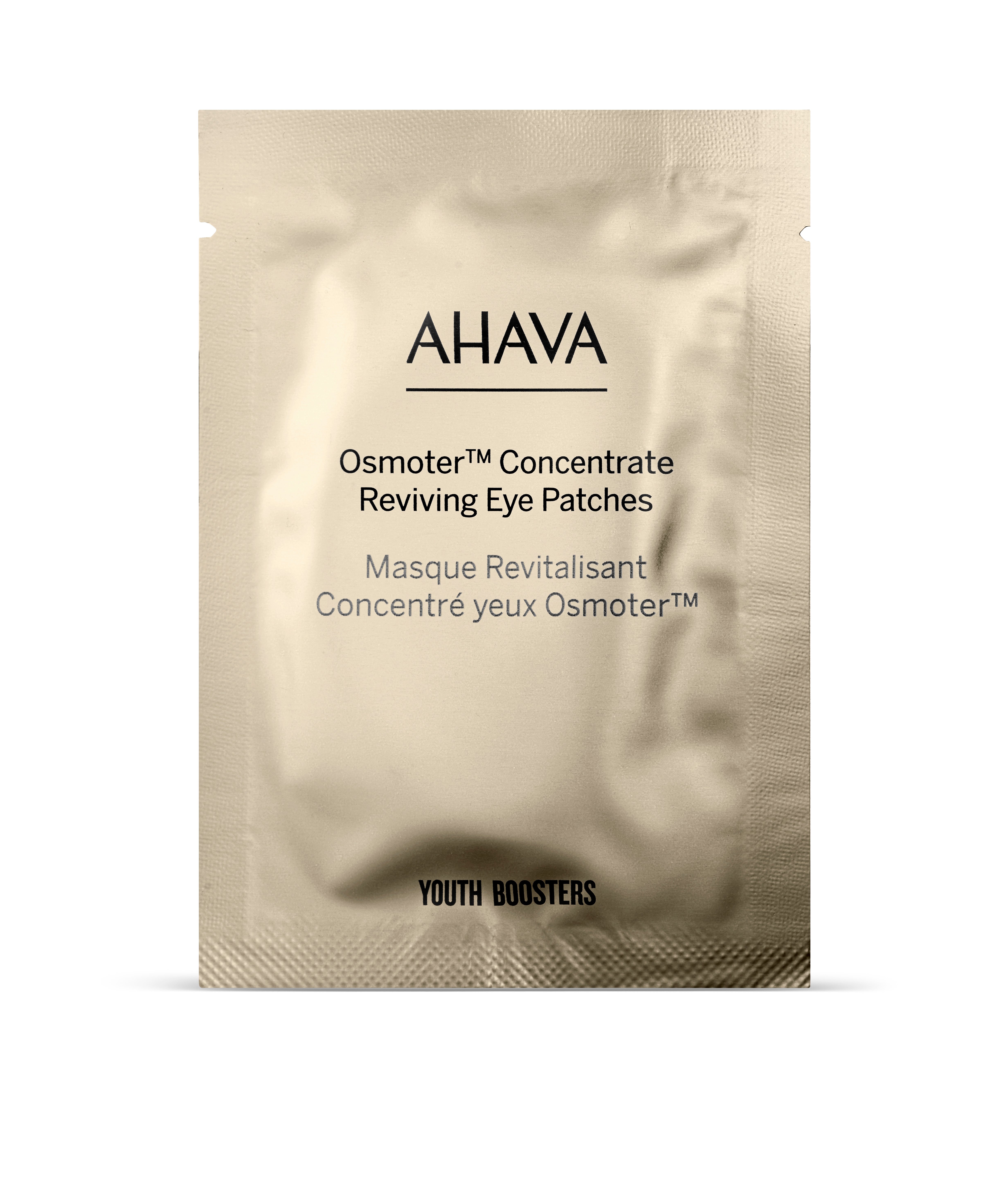 AHAVA Osmoter™ Concentrate Reviving Eye Patches in goldener Verpackung.