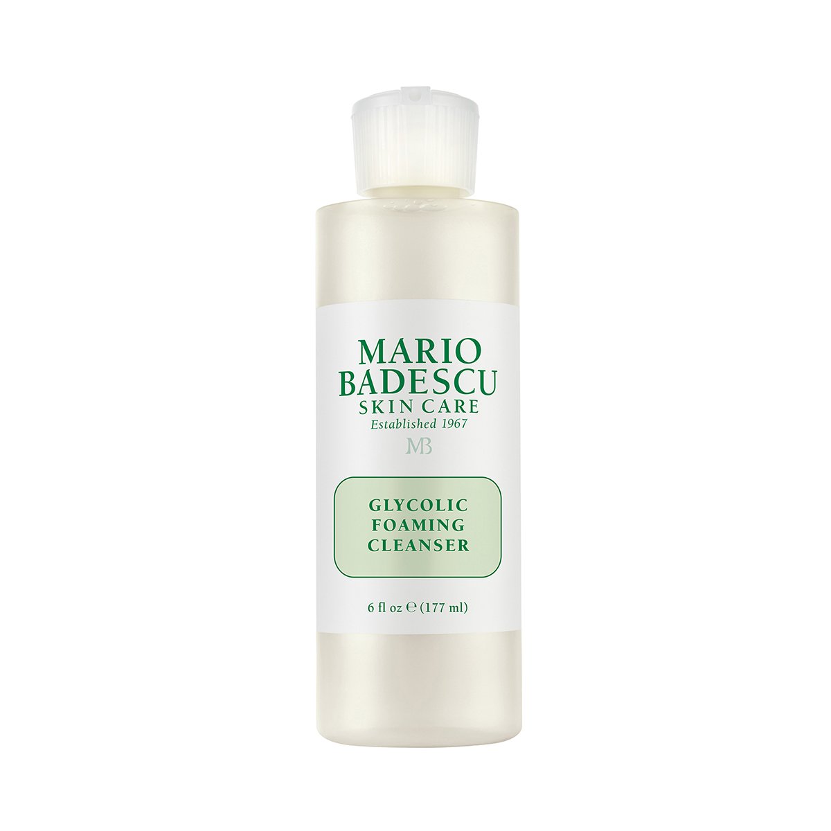 Flasche Mario Badescu Glycolic Foaming Cleanser, 177 ml, auf weißem Hintergrund.
