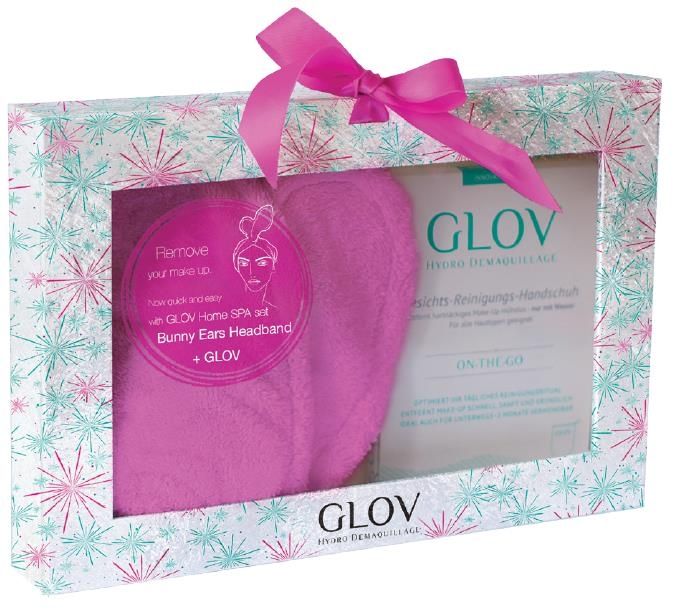 Geschenkset mit GLOV Gesichtsreinigungshandschuh und rosa Bunny Ears Haarband, verpackt in einer dekorativen Box mit Schleife.