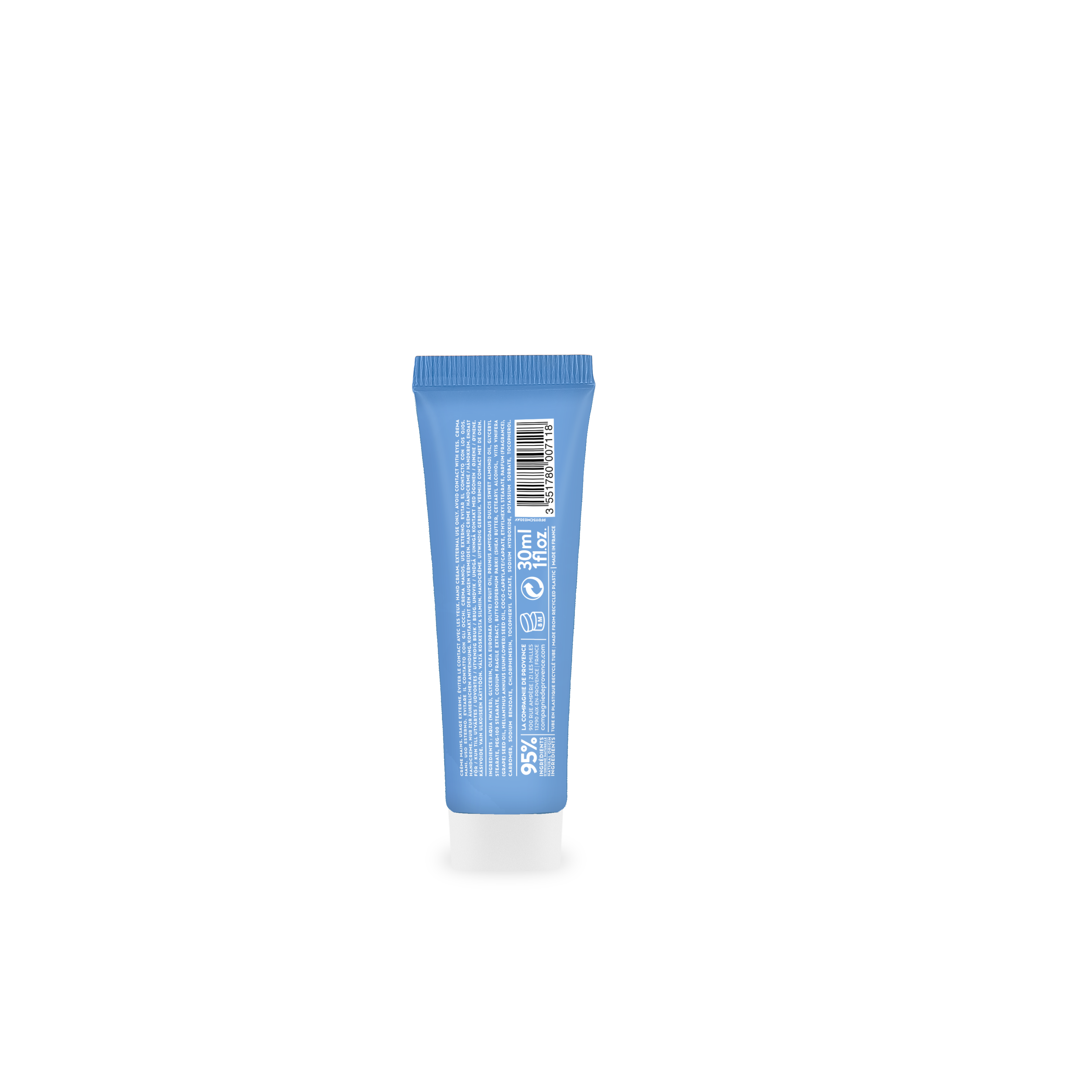 Rückseite einer blauen 30ml Handcreme-Tube mit weißem Verschluss und Text in Weiß.