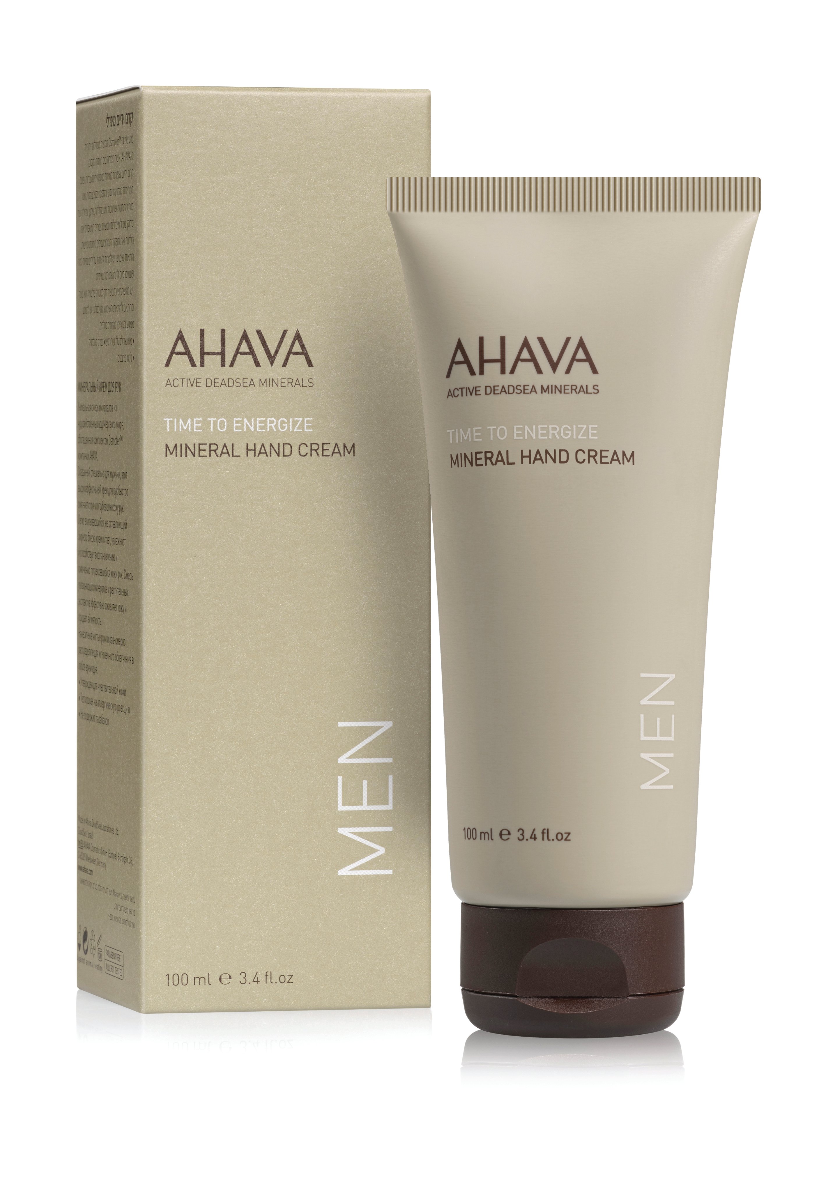 AHAVA Mineral Hand Cream für Männer, 100 ml Tube und Verpackung, grün.