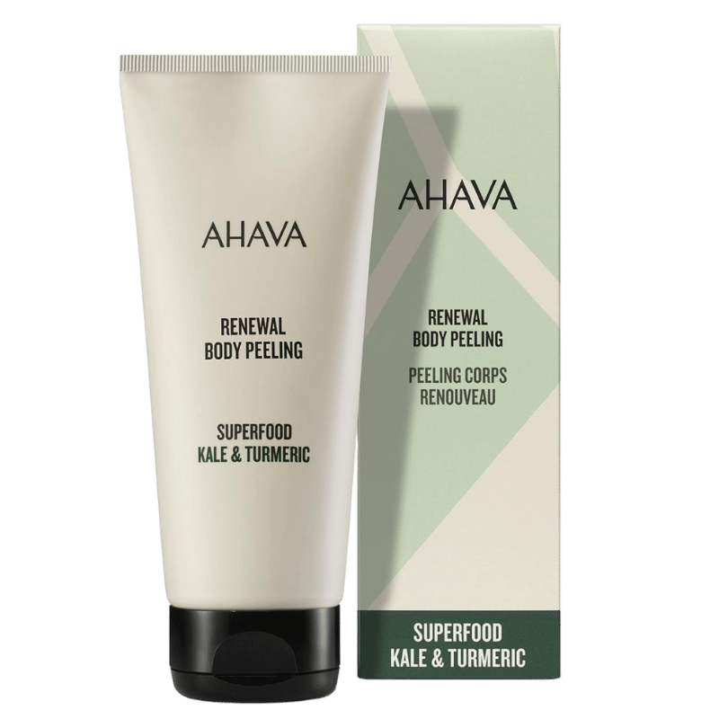 AHAVA Superfood Kale & Turmeric Renewal Body Peeling, Tube und Verpackung, auf weißem Hintergrund.