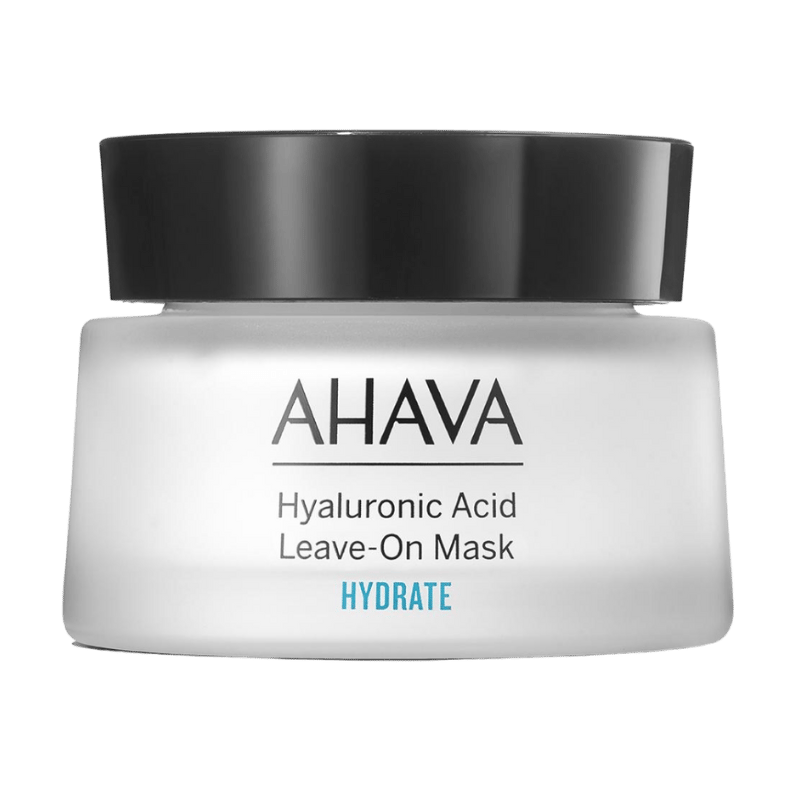 AHAVA Hyaluronic Acid Leave-On Maske in einem weißen Behälter mit schwarzem Deckel.