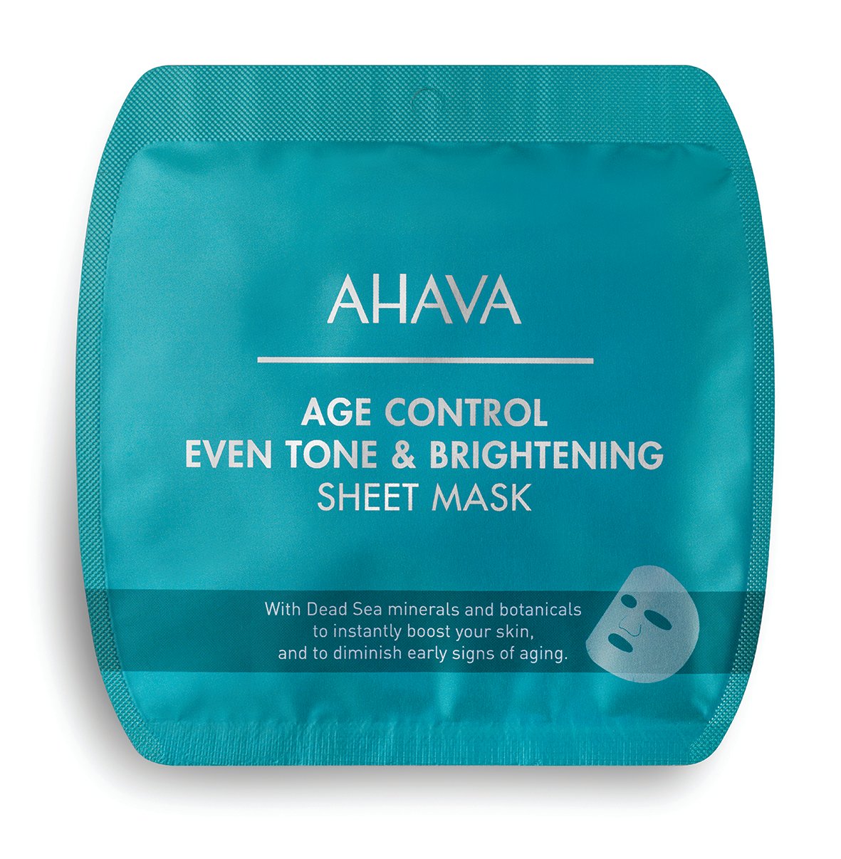 AHAVA Age Control Even Tone & Brightening Sheet Mask in grüner Verpackung mit Text über Inhaltsstoffe und Anwendung.
