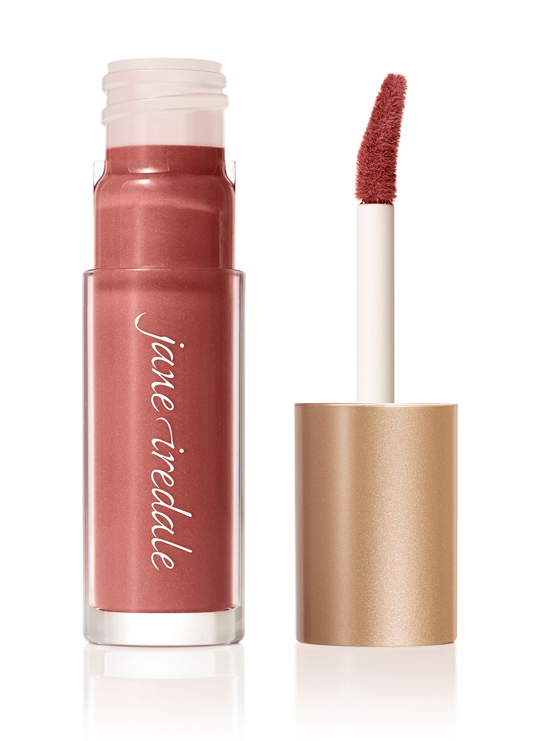 Ein Lip Stain in einem rosigen Farbton mit Applikator, aufrecht stehend, auf weißem Hintergrund.