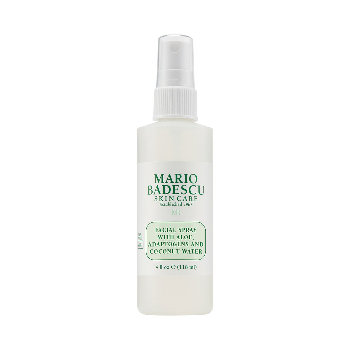 Mario Badescu Gesichtsspray mit Aloe, Adaptogenen und Kokoswasser, 118 ml Flasche.