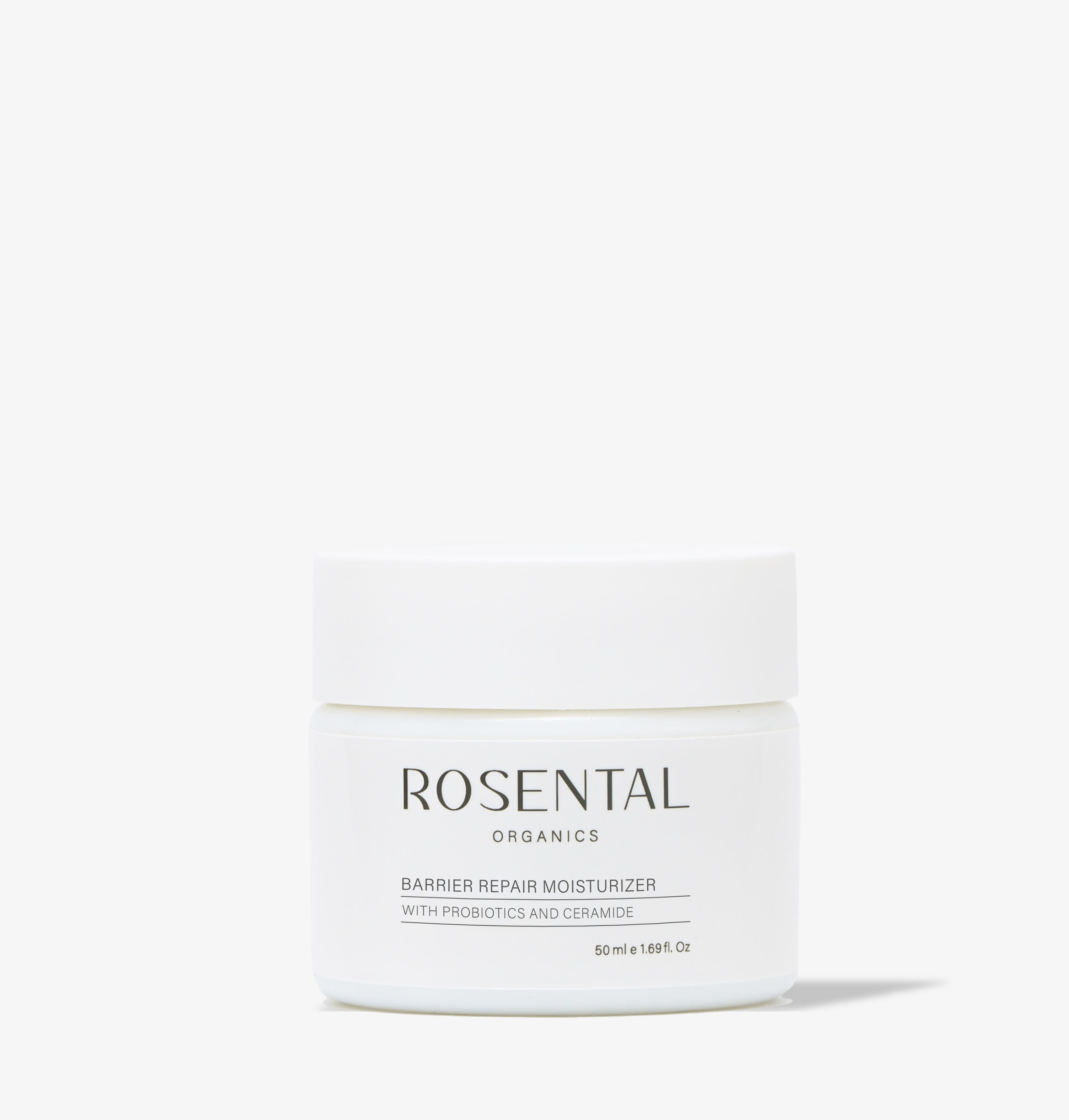 Rosental Organics Barrier Repair Moisturizer, 50 ml, mit Probiotika und Ceramid, weiße Verpackung auf weißem Hintergrund.