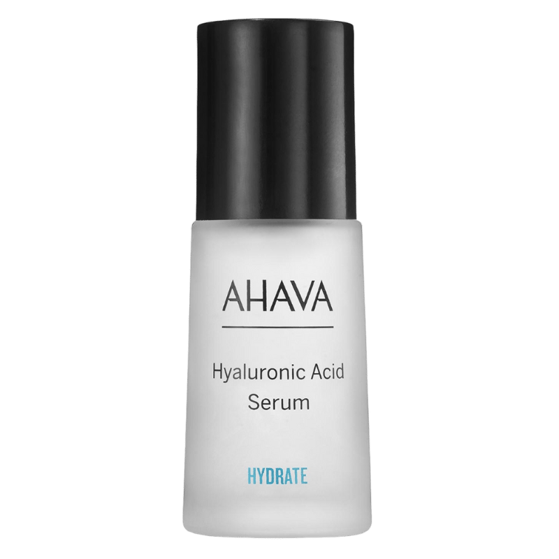 AHAVA Hyaluronic Acid Serum in weißer Flasche mit schwarzem Deckel, Text 'HYDRATE' unten.