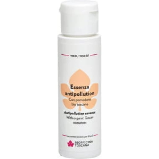 Flasche mit Essenza Antipollution, Bio Toscana, Gesichtspflege, weiße Verpackung mit beigem und rotem Text.
