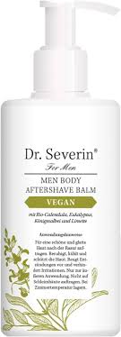 Dr. Severin Men Body Aftershave Balm Vegan, 200ml Flasche mit Spender, weiß mit grünen Pflanzenmotiven.