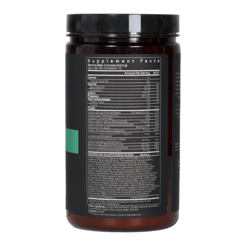 Braunes Nahrungsergänzungsmittel-Behälter mit Nährwertangaben auf der Rückseite.