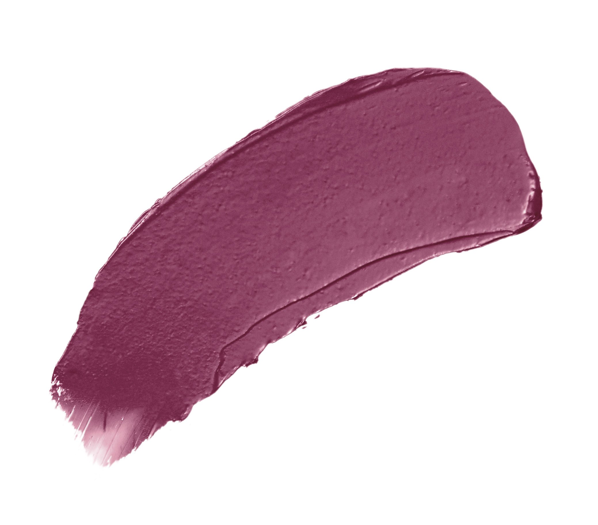 Nahaufnahme eines violetten Lippenstift-Farbmusters auf weißem Hintergrund.