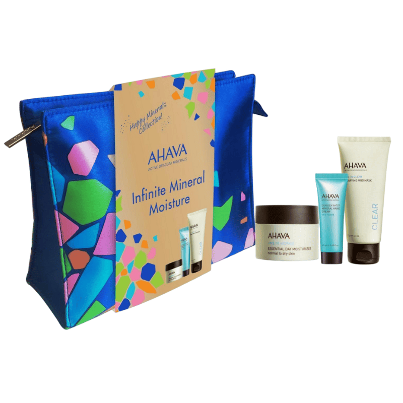 AHAVA Infinite Mineral Moisture Kit mit bunter Kosmetiktasche, Feuchtigkeitscreme, Handcreme und Gesichtsmaske.