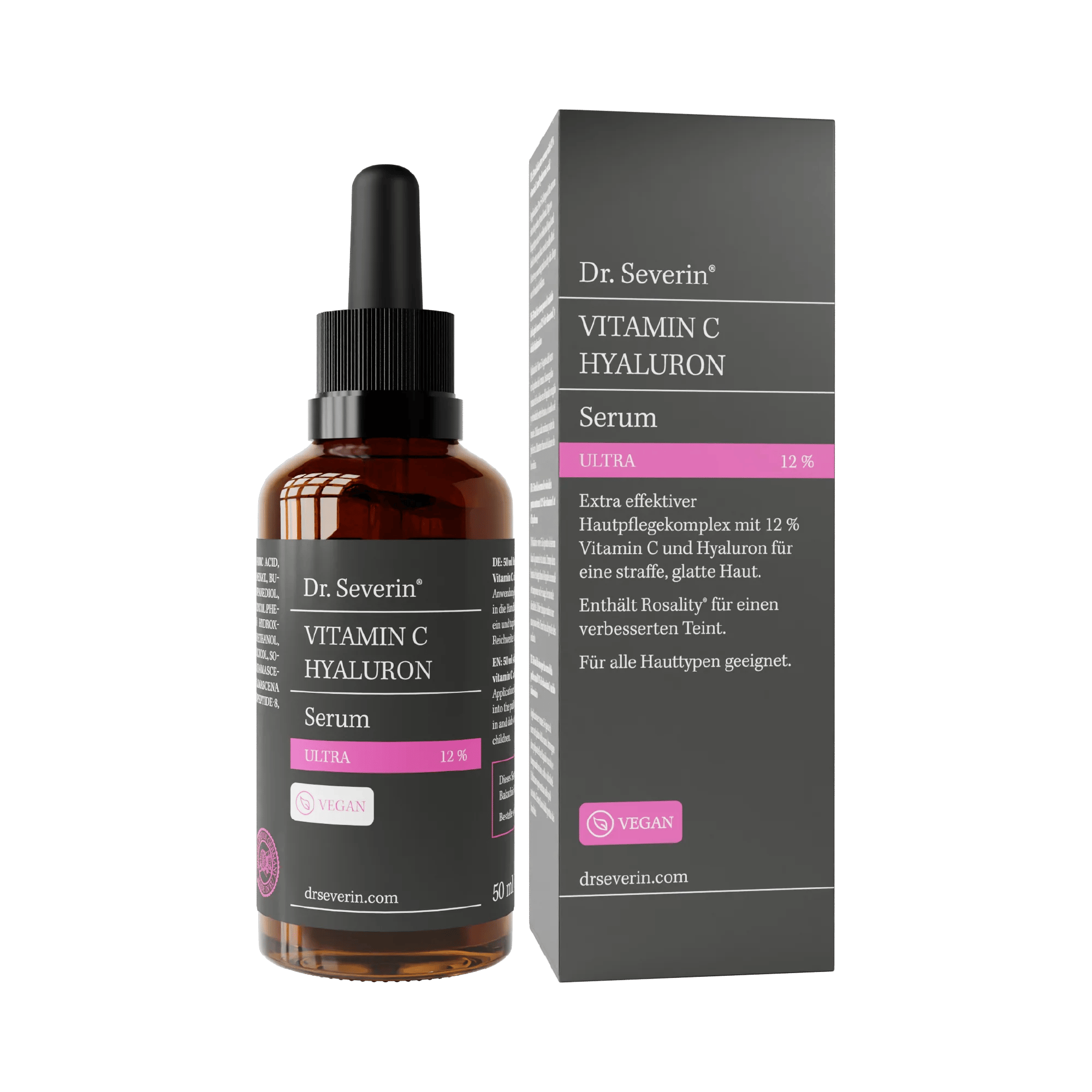 Dr. Severin Vitamin C Hyaluron Serum in brauner Flasche mit Pipette und schwarzer Verpackung.