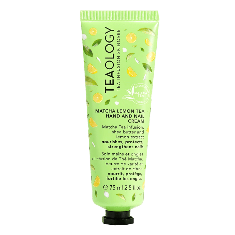 Grüne Tube mit TEAOLOGY Matcha Lemon Tea Hand- und Nagelcreme, 75 ml, mit Zitronen- und Matcha-Design.