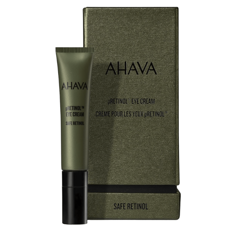 AHAVA pRetinol Augencreme in grünem Behälter neben passender Verpackung.