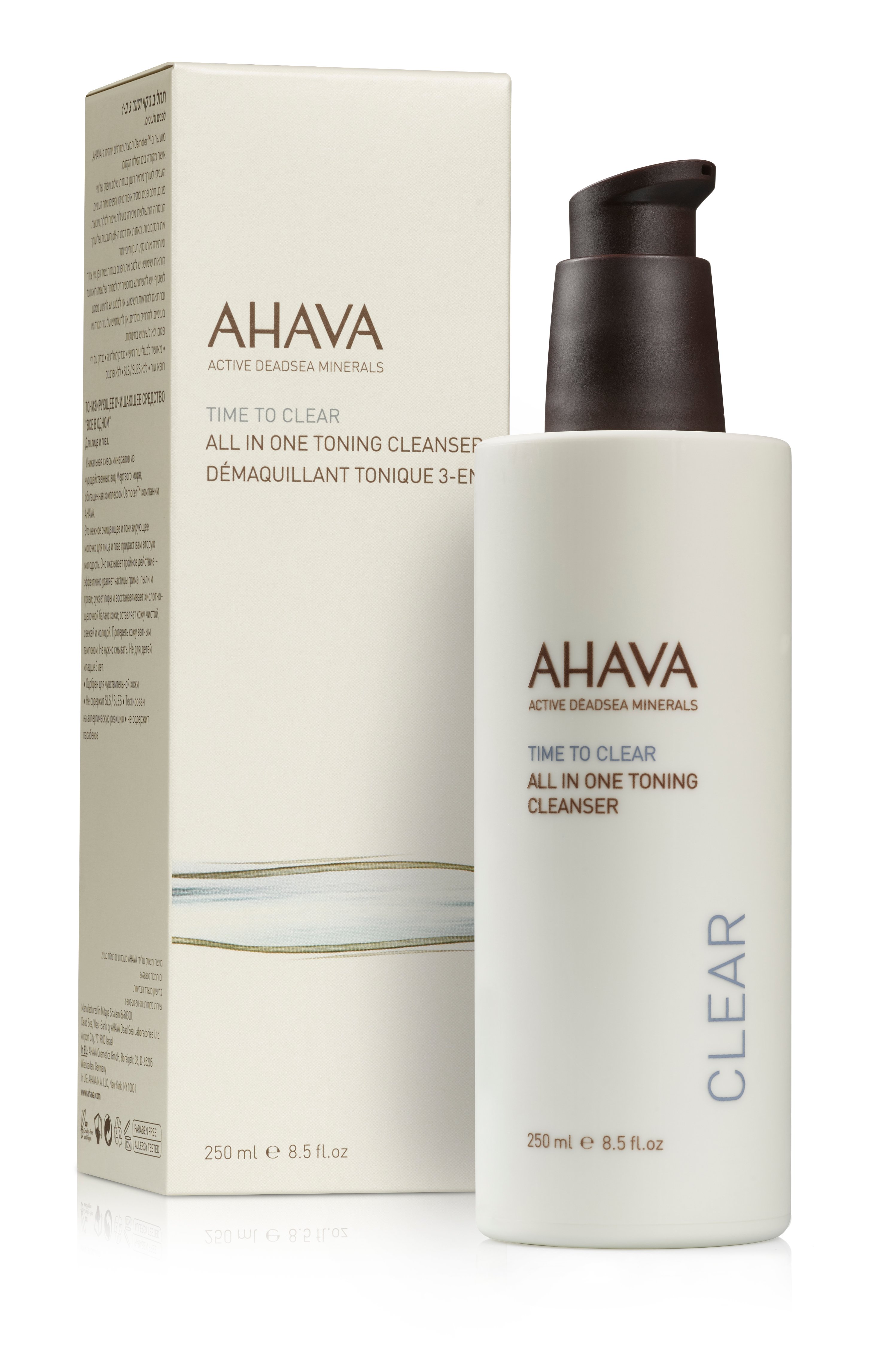 AHAVA Time to Clear All in One Toning Cleanser, 250 ml, vor weißem Hintergrund mit Verpackung.