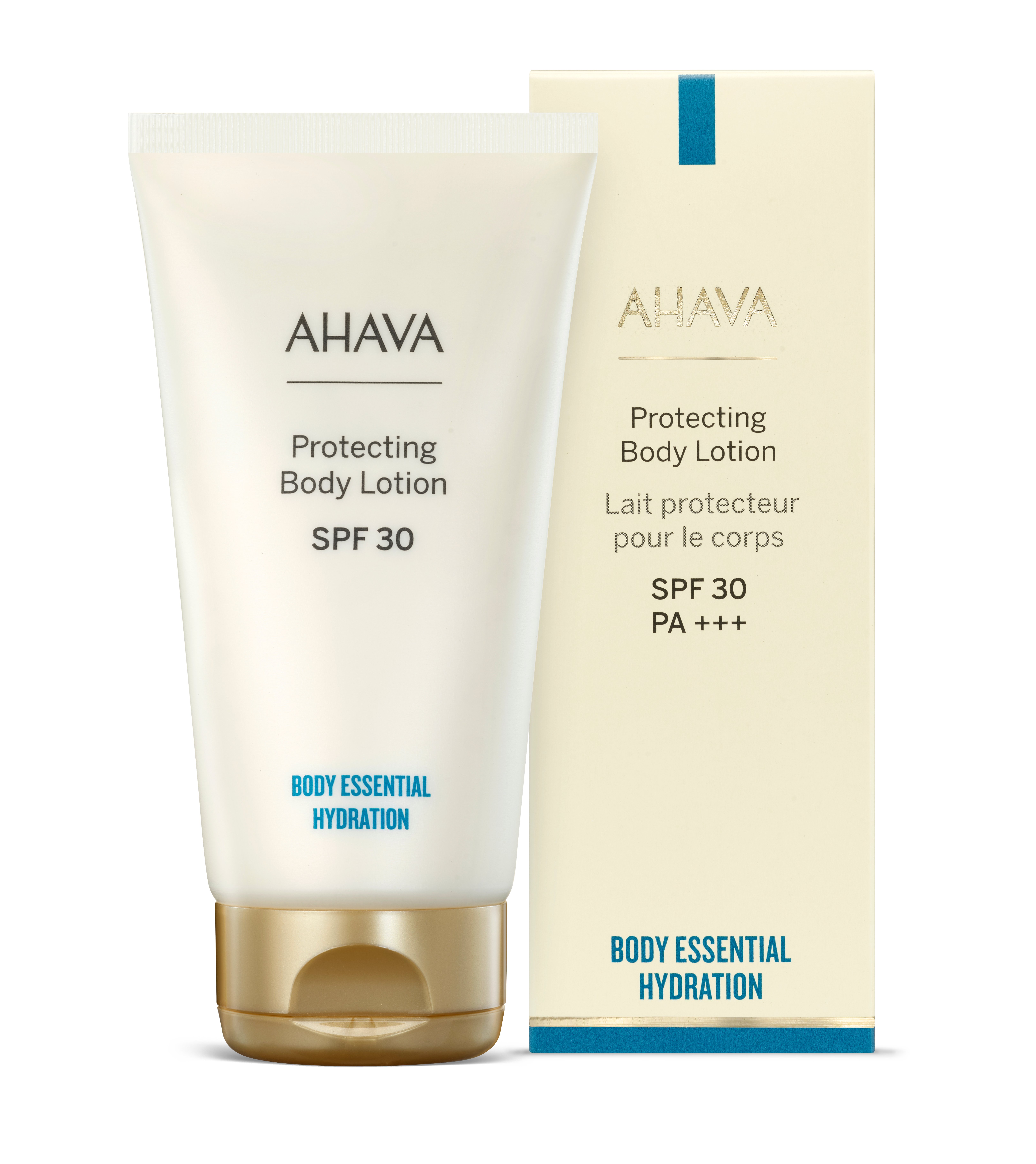 AHAVA Protecting Body Lotion SPF 30, Tube und Verpackung, Body Essential Hydration.