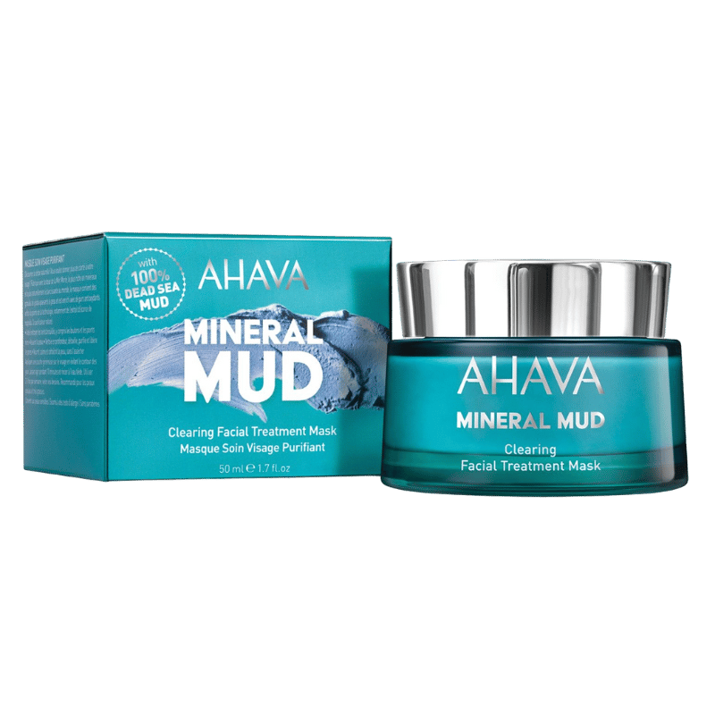AHAVA Mineral Mud Clearing Facial Treatment Mask, Produktbild mit Verpackung und Tiegel, 50 ml.
