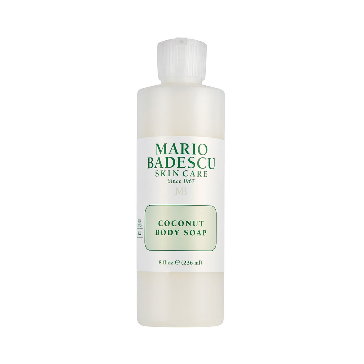Flasche Mario Badescu Coconut Body Soap, 236 ml, auf weißem Hintergrund.