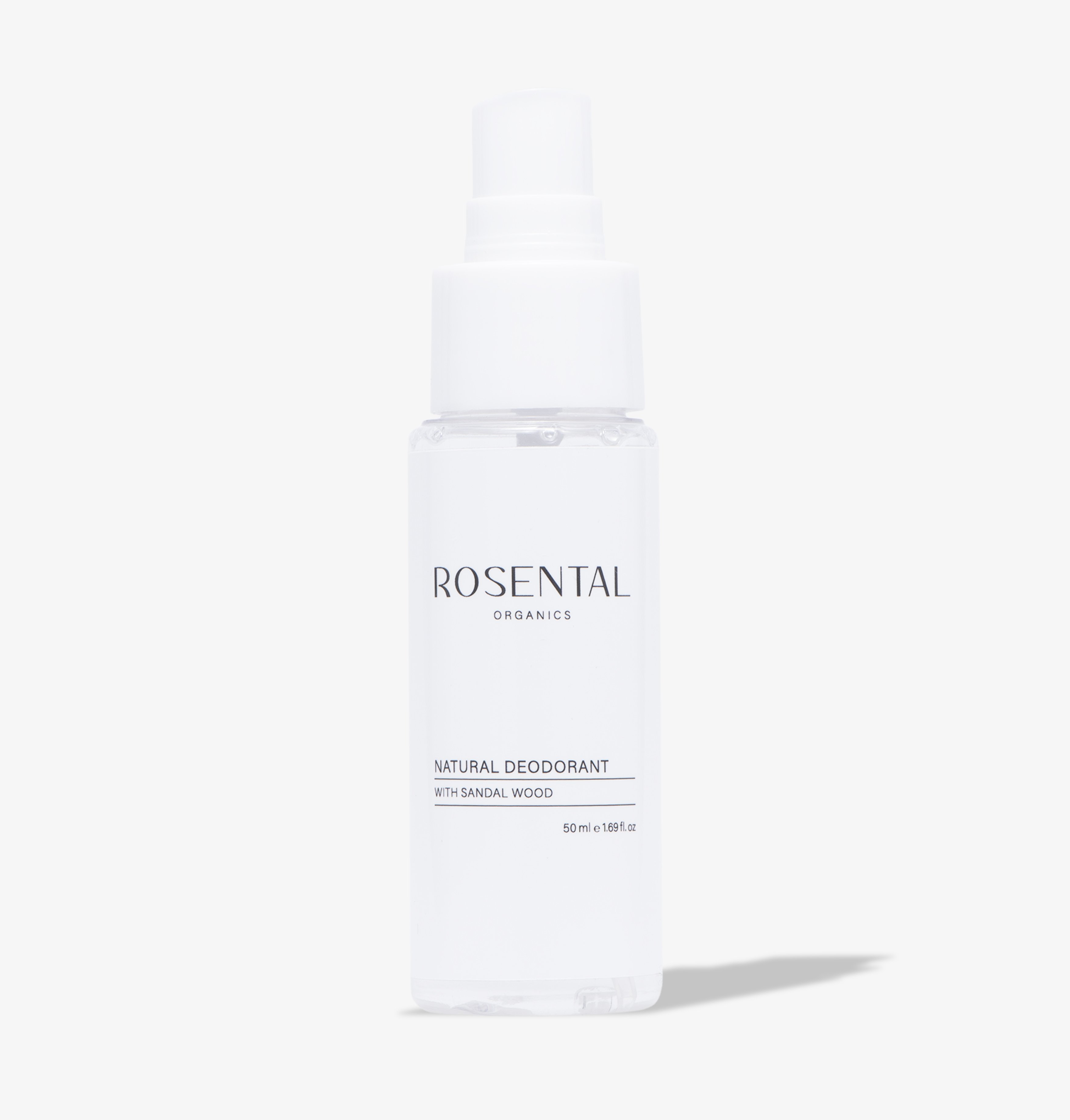 Flasche Rosental Organics Natural Deodorant mit Sandelholz, 50 ml, auf weißem Hintergrund.