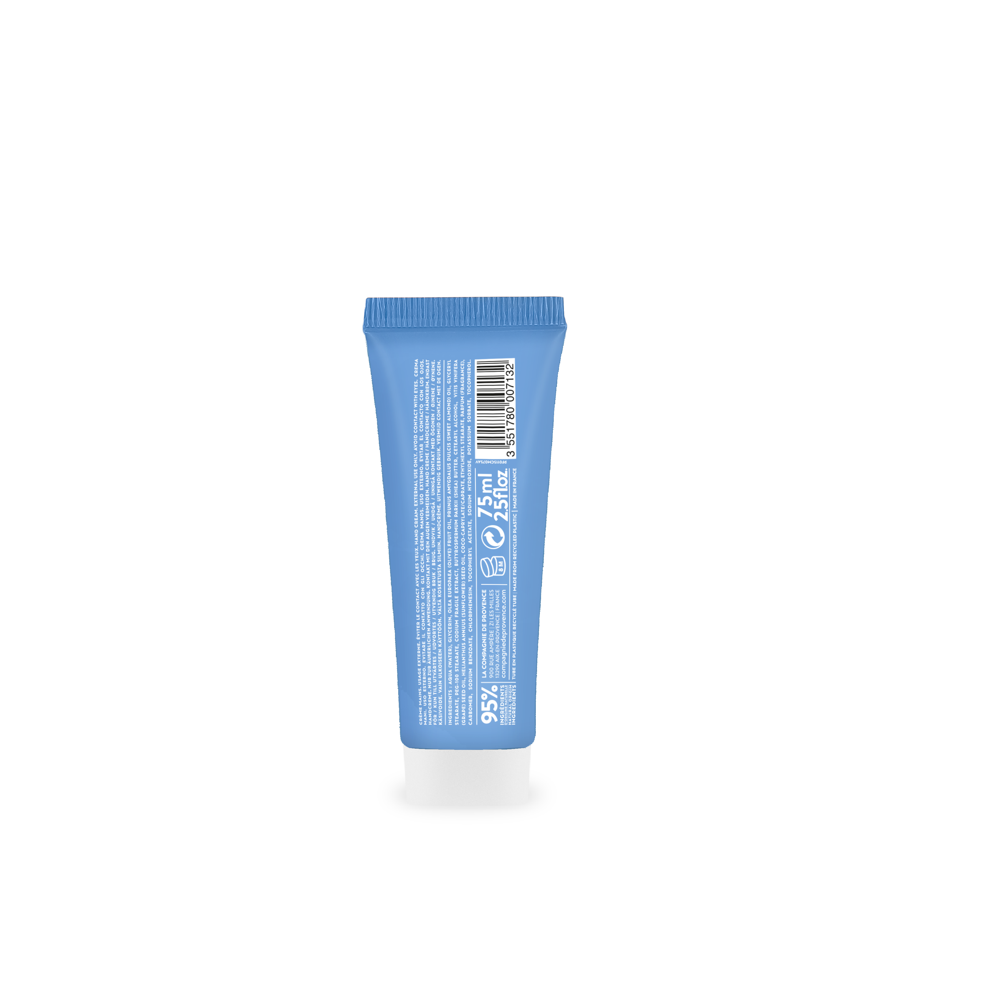 Rückseite einer blauen 75ml Handcreme-Tube mit Barcode und Produktinformationen.
