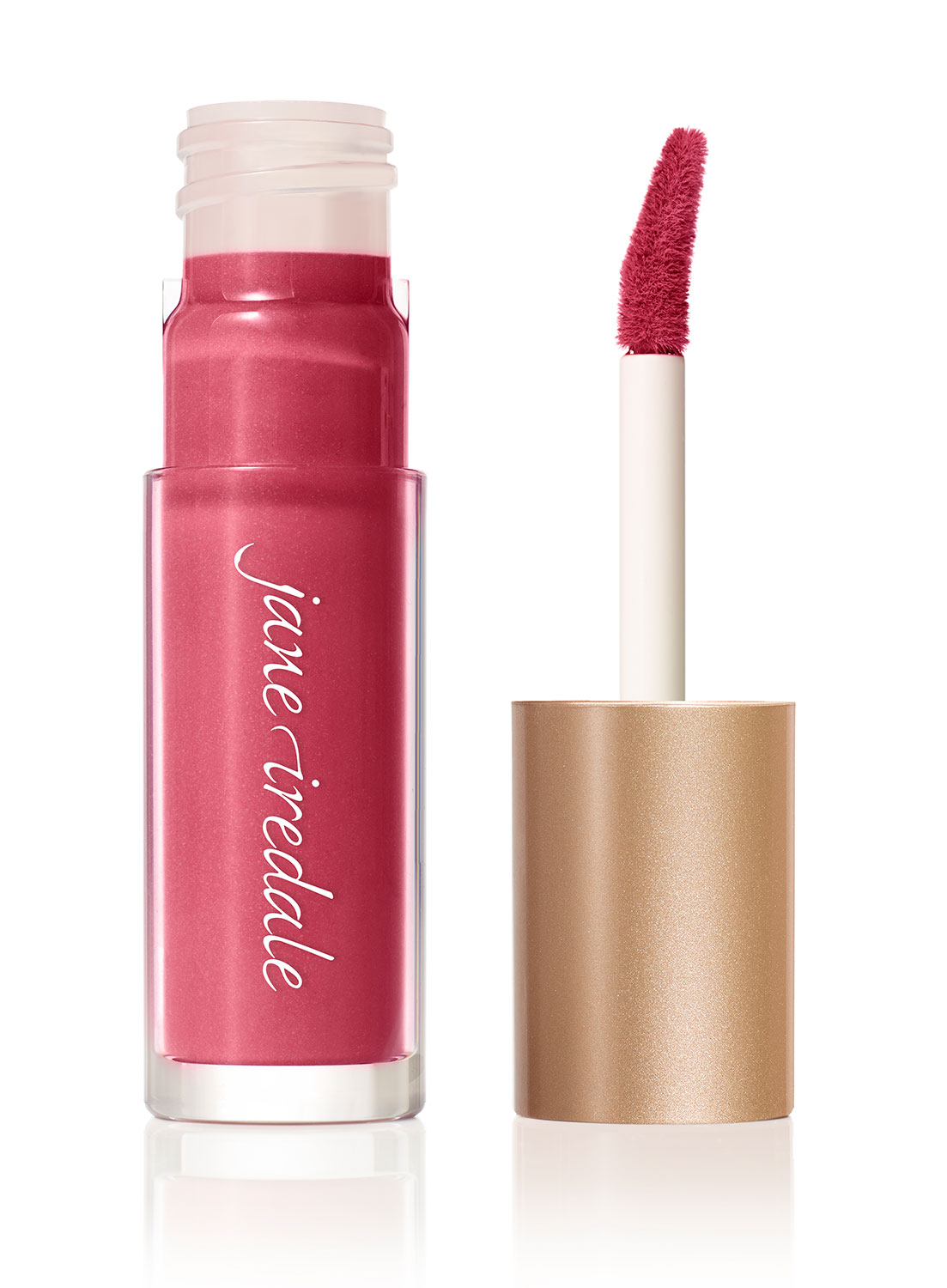 Ein offener Lippenstift in Rosa mit Applikator, Marke Jane Iredale.
