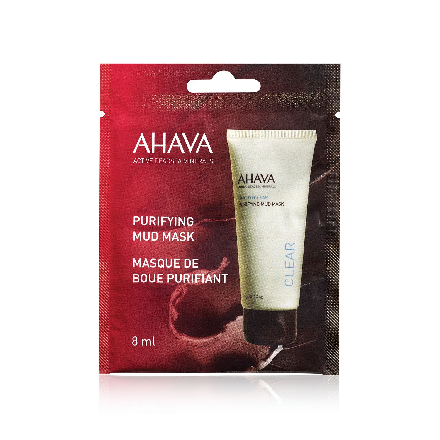 AHAVA Purifying Mud Mask, 8 ml, Verpackung mit rotem Hintergrund und weißer Tube, Text auf Englisch und Französisch.