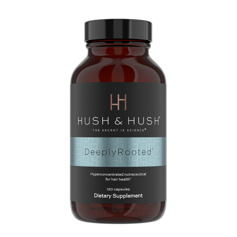 Hush & Hush DeeplyRooted Nahrungsergänzungsmittel für Haargesundheit, 120 Kapseln, braune Flasche mit blauem Etikett.