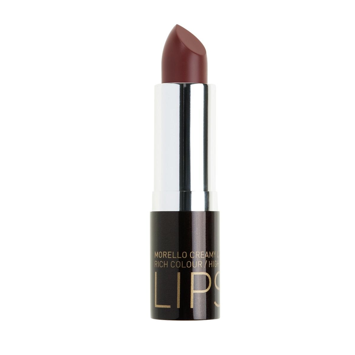 Ein dunkelroter Lippenstift in einer silbernen und schwarzen Hülse.