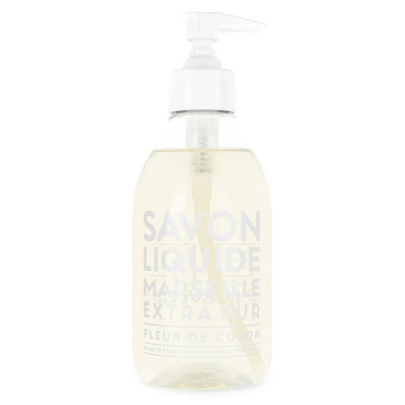 Flasche flüssige Marseille-Seife, 300 ml, Duft Baumwollblüte, mit Pumpspender.