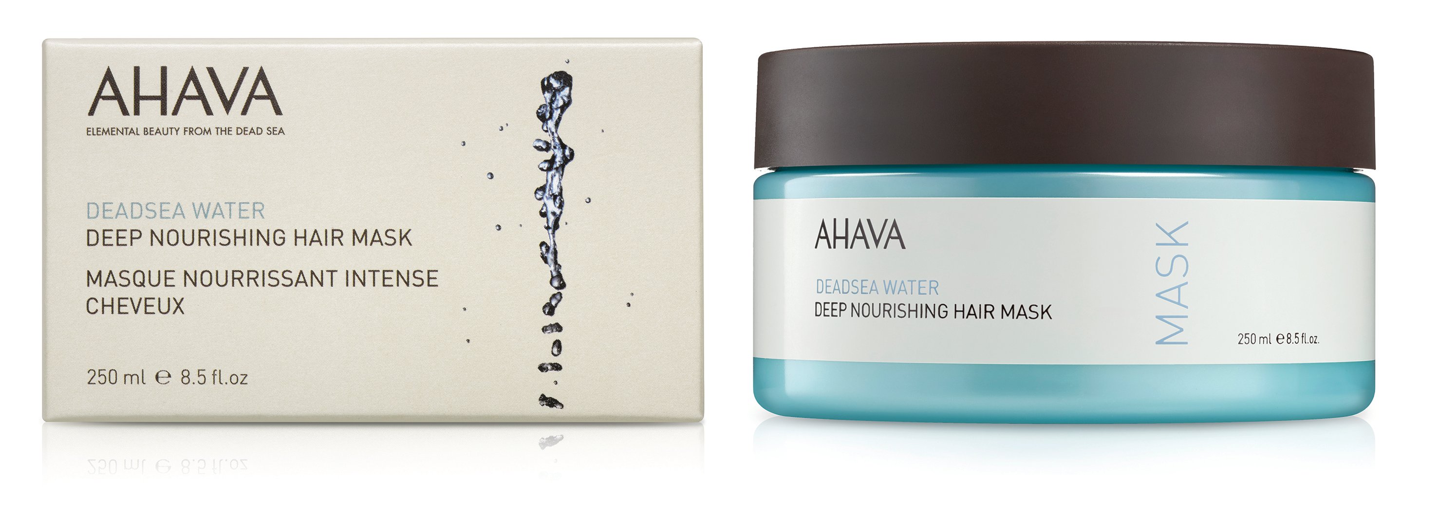AHAVA Dead Sea Water Deep Nourishing Hair Mask, 250 ml, Verpackung und Tiegel, auf weißem Hintergrund.