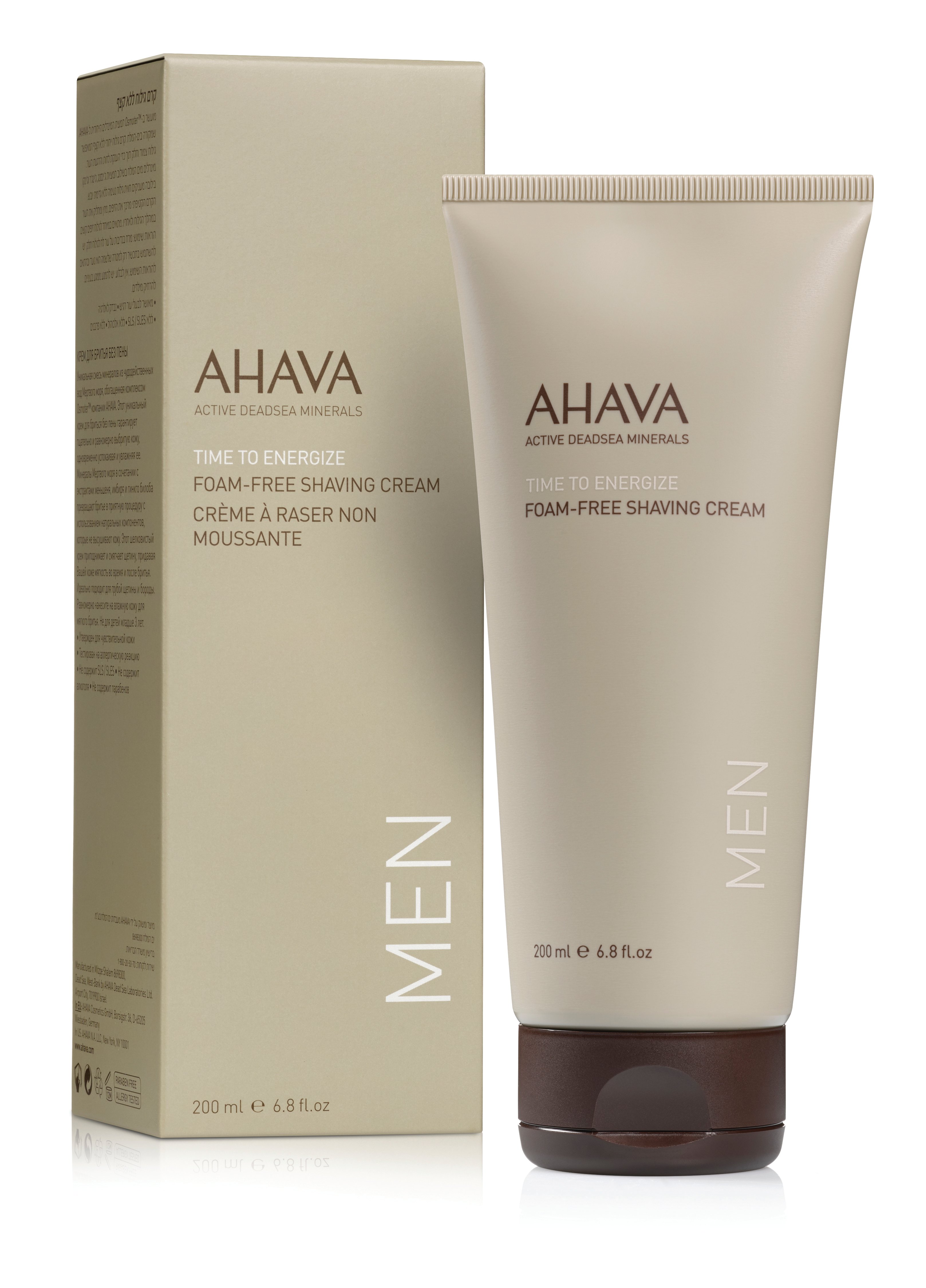 AHAVA Time to Energize Rasiercreme für Männer, 200 ml Tube neben der Verpackung.