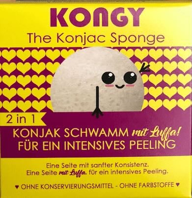 KONGY Konjak Schwamm mit Luffa für intensives Peeling, gelbe Verpackung mit Herzmuster.