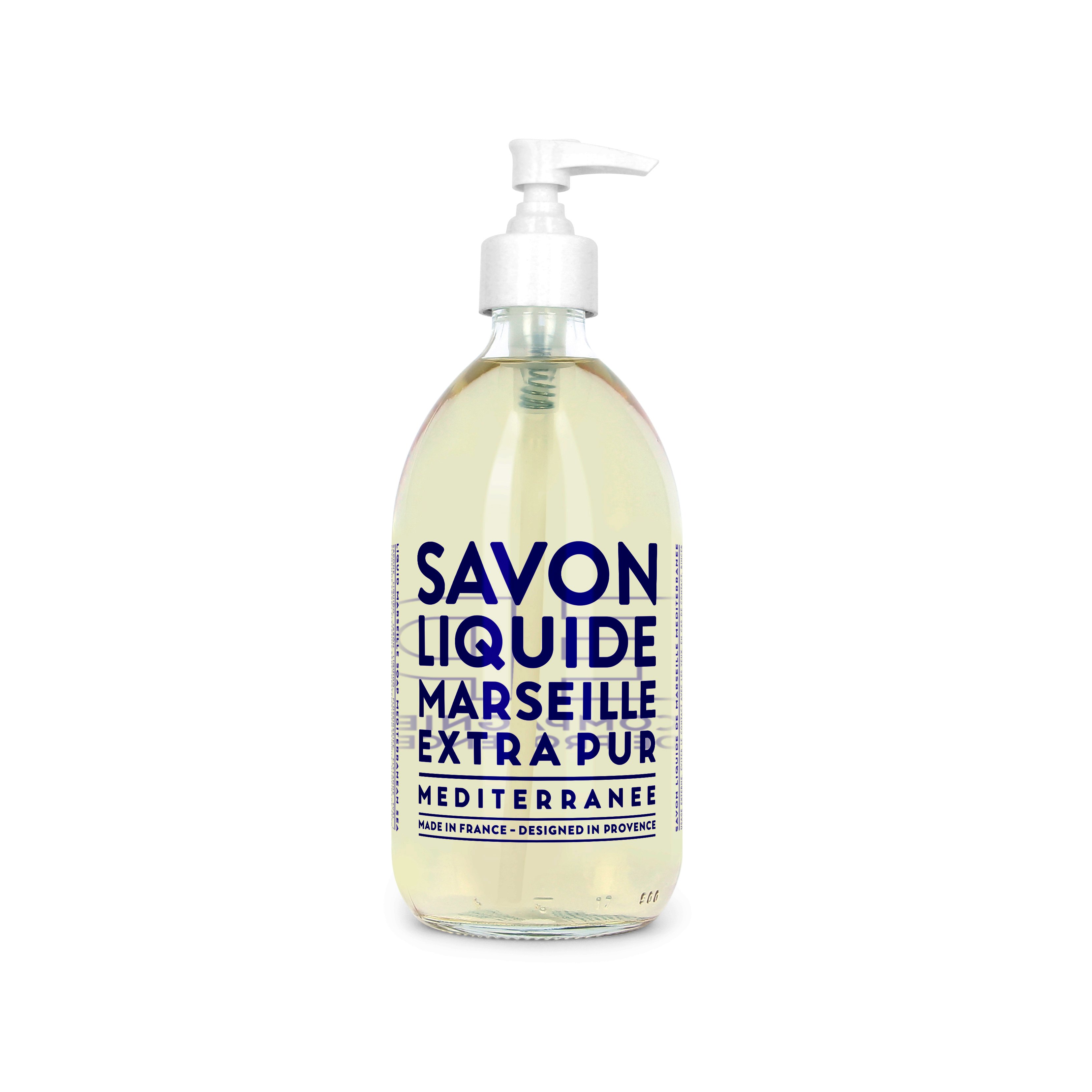 Flasche mit flüssiger Seife 'Savon Liquide Marseille Extra Pur Mediterranee' mit Pumpverschluss, 500 ml.