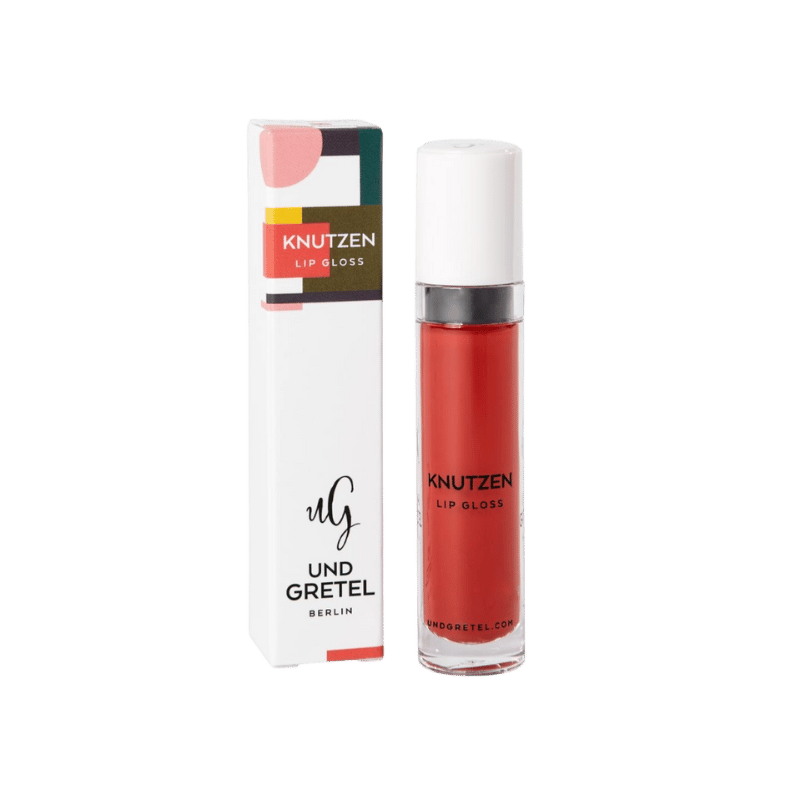 UND GRETEL KNUTZEN Lip Gloss 04 Matte Sunrise Red, Produktbild mit Verpackung und Lipgloss-Flasche.