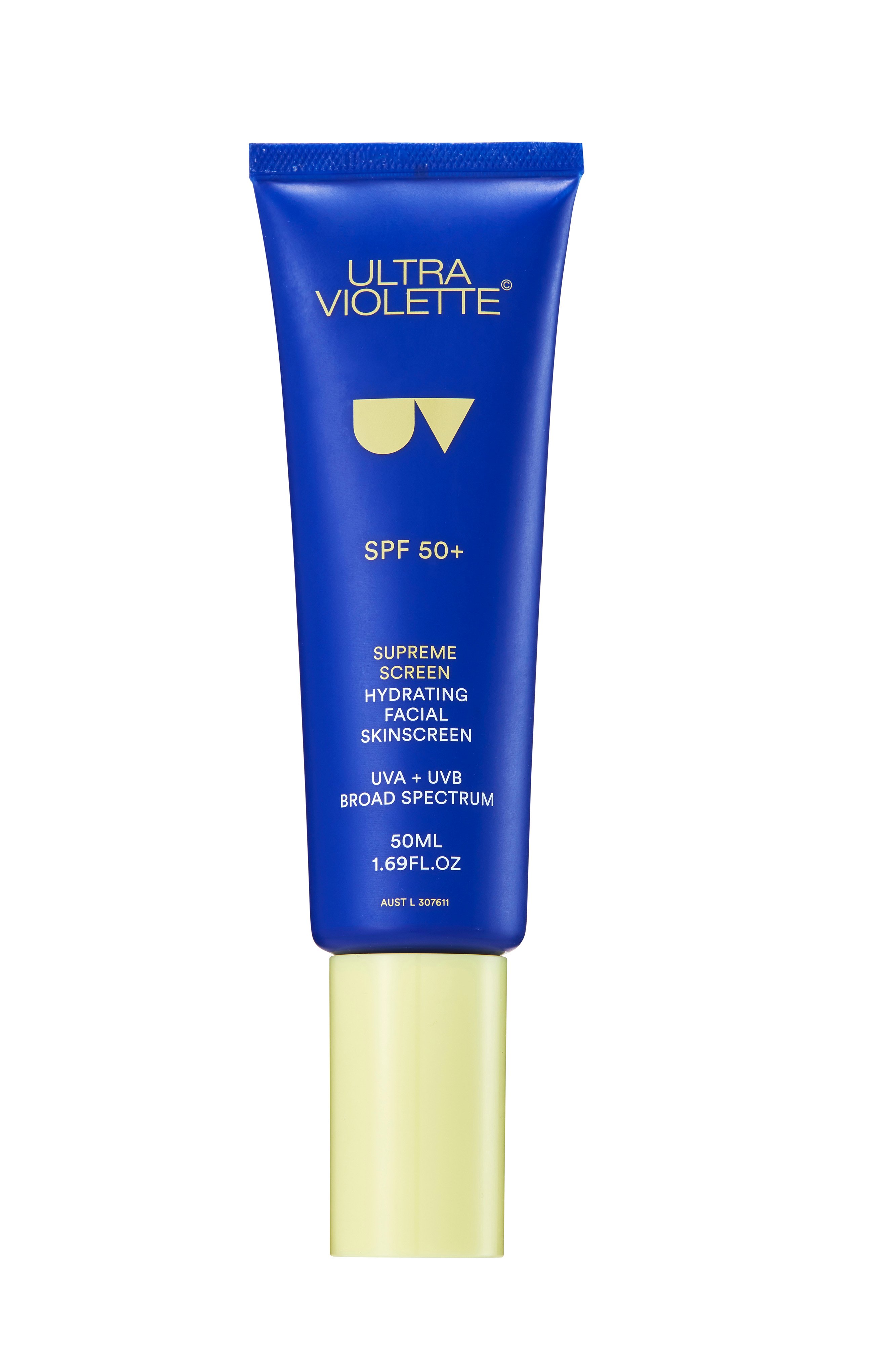 Blaues Supreme Screen Hydrating Facial Sunscreen SPF 50+ von Ultra Violette, 50ml Tube mit gelbem Deckel.