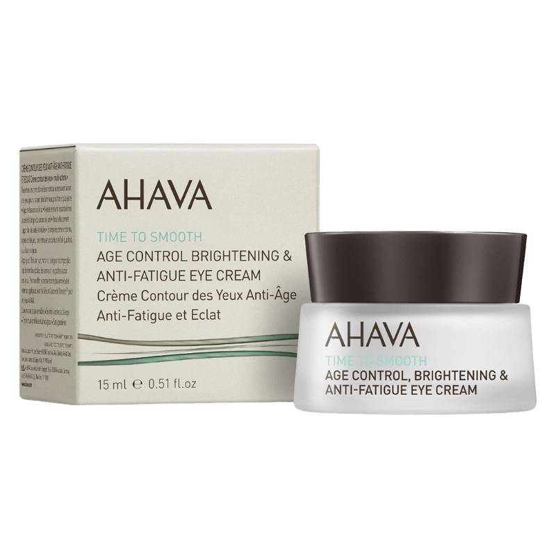 AHAVA Age Control Brightening & Anti-Fatigue Eye Cream, 15 ml, Verpackung und Tiegel.